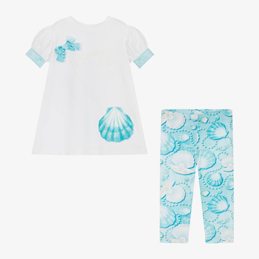 A Dee-طقم ليقنز بطبعة صدف لون أبيض وأزرق | Childrensalon Outlet