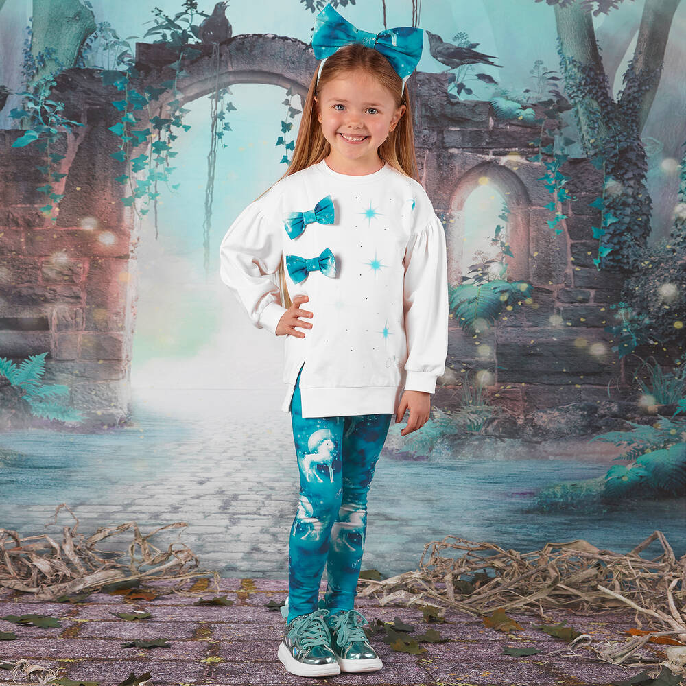 A Dee-Girls White & Blue Unicorn Leggings Set | Childrensalon Outlet