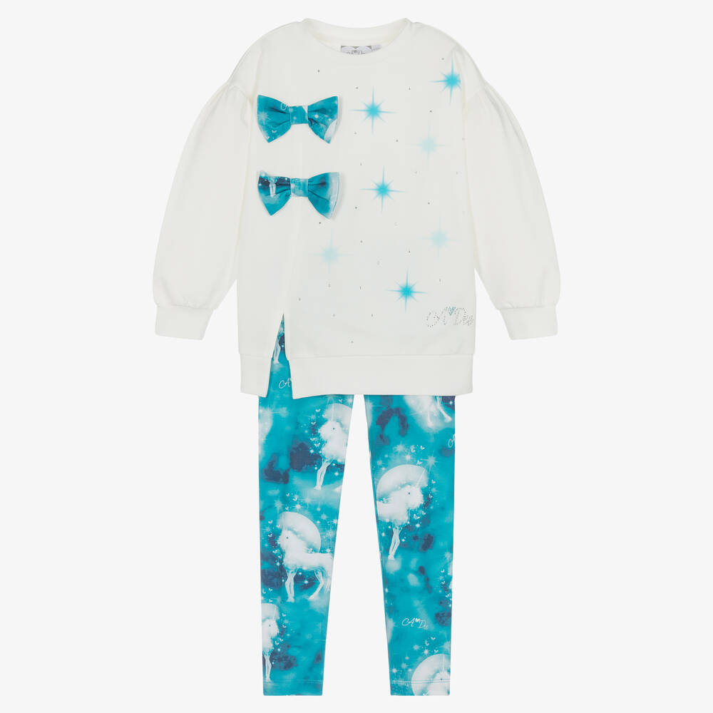 A Dee - Girls White & Blue Unicorn Leggings Set | Childrensalon