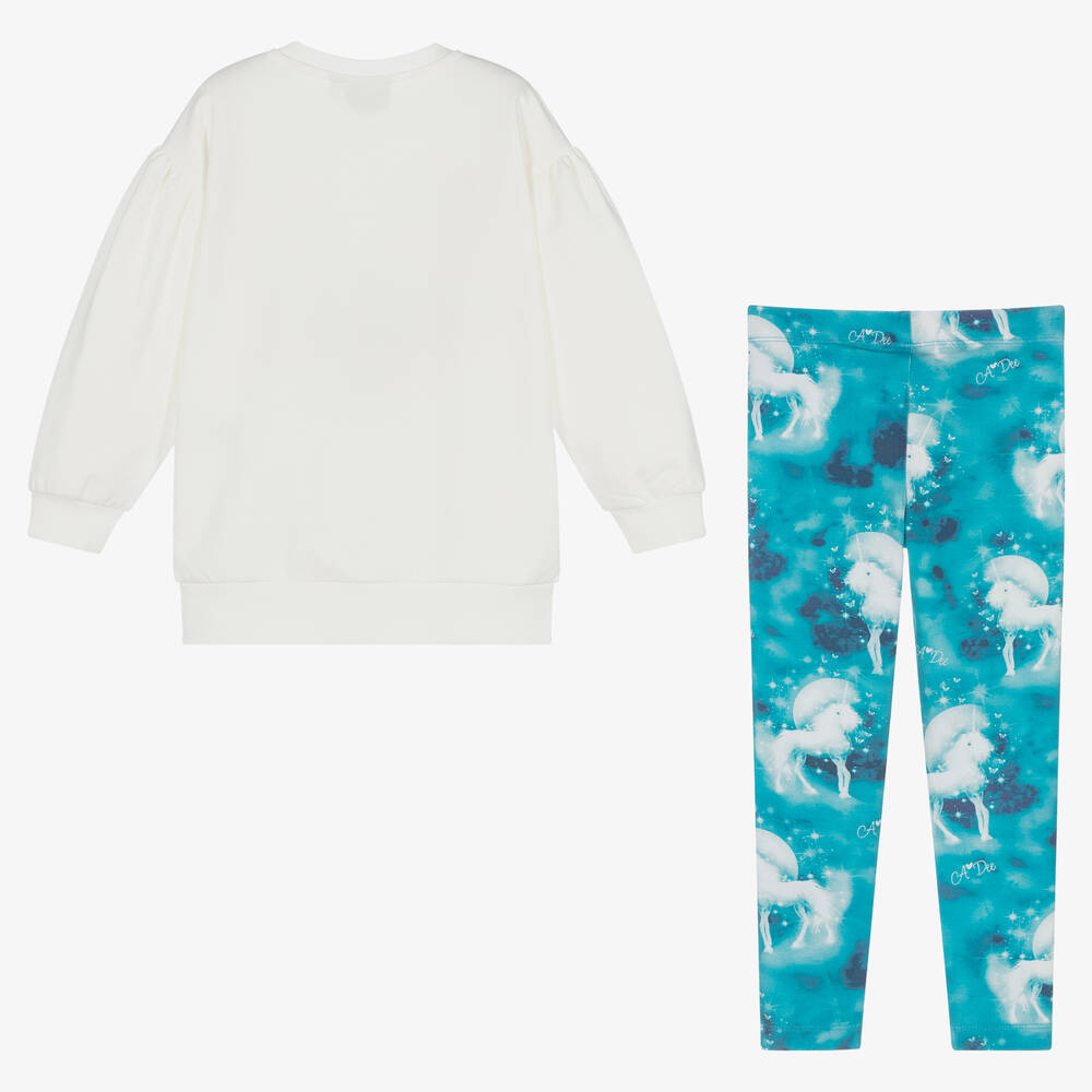 A Dee-Girls White & Blue Unicorn Leggings Set | Childrensalon Outlet