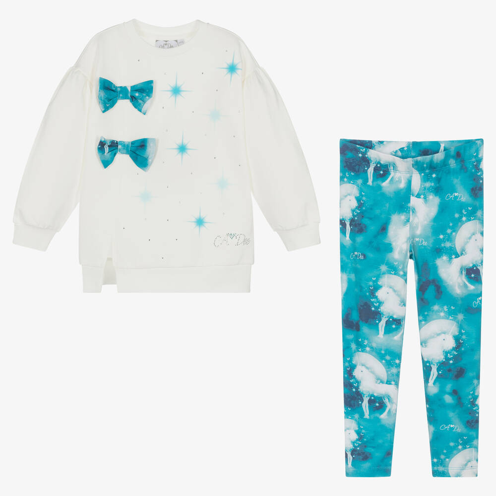 A Dee-Girls White & Blue Unicorn Leggings Set | Childrensalon Outlet