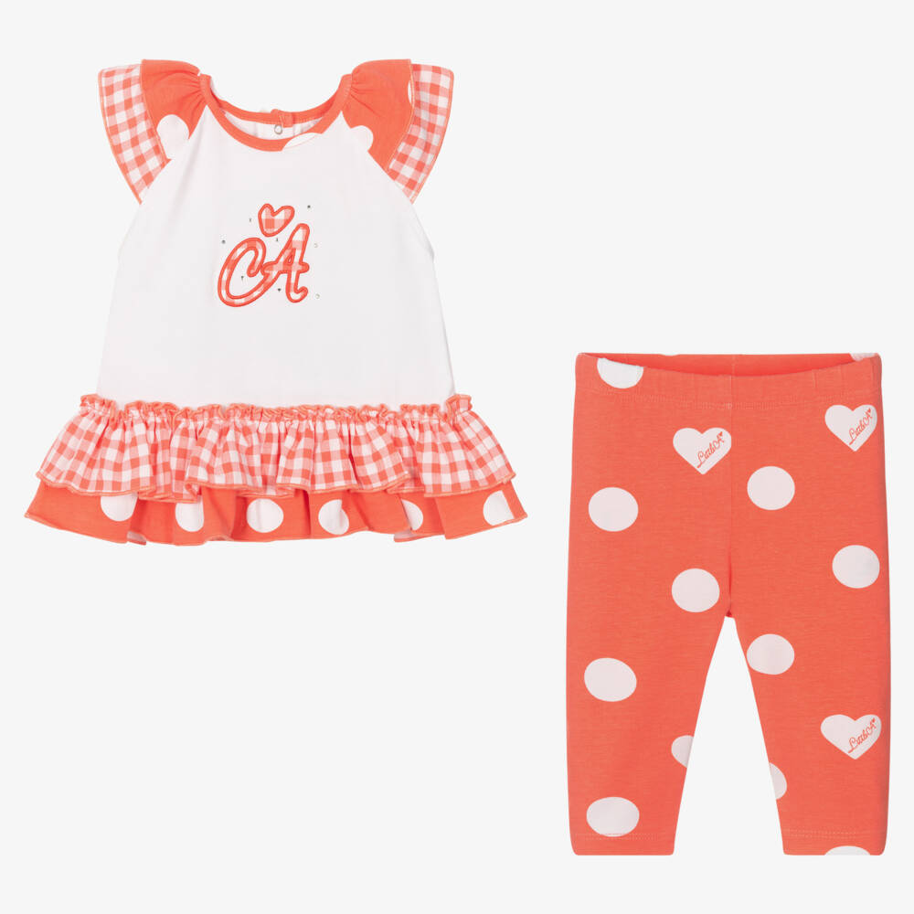 A Dee-طقم ليقنز قطن لون زهري مرجاني وأبيض | Childrensalon Outlet