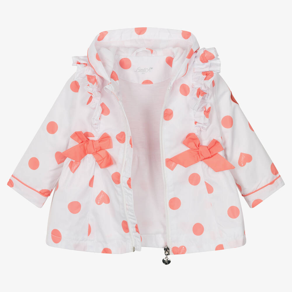 آدي-معطف مزين بككشكش لون أبيض وزهري مرجاني للبنات | Childrensalon Outlet