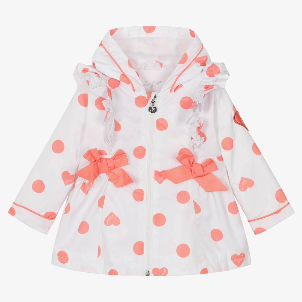 A Dee - Girls White & Coral Pink Ruffle Coat | Childrensalon