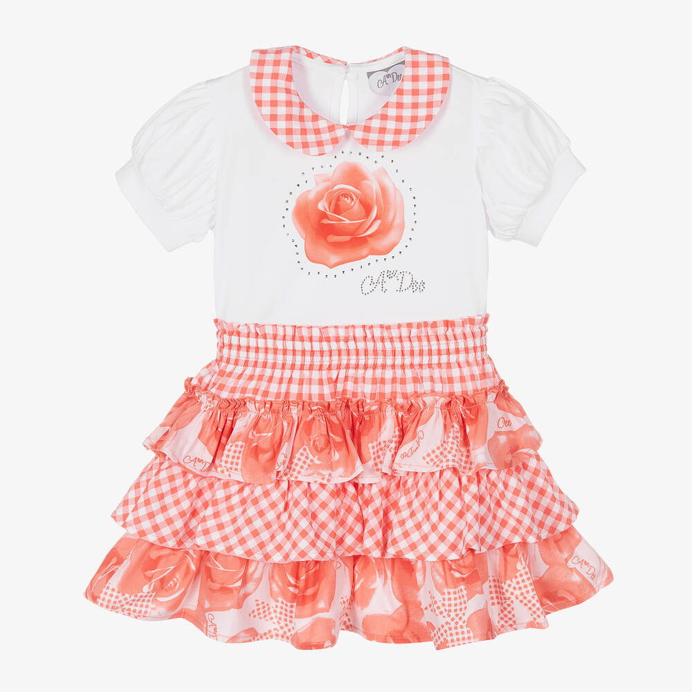 A Dee - Girls White & Coral Pink Skirt Set | Childrensalon