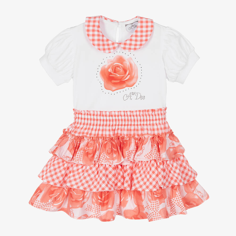 A Dee-طقم تنورة مزيج قطن لون أبيض وزهري مرجاني | Childrensalon Outlet