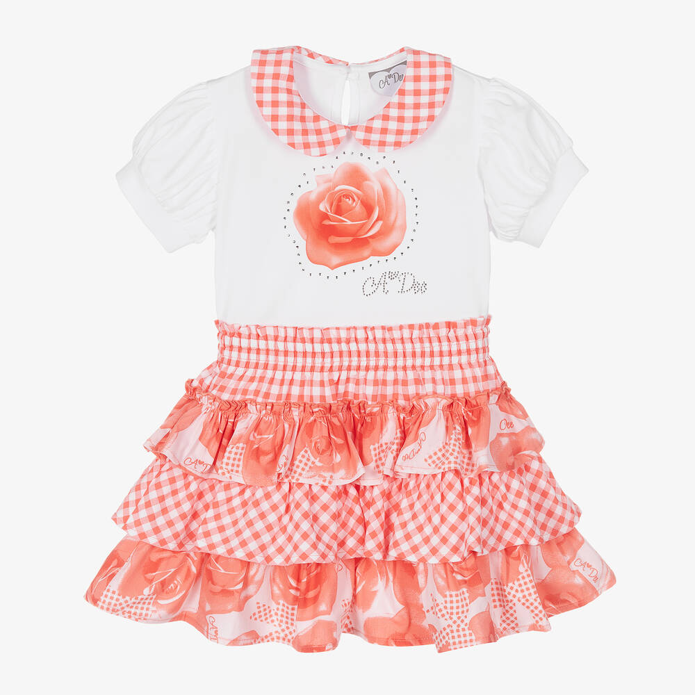 A Dee - Ensemble jupe blanc et corail fille | Childrensalon