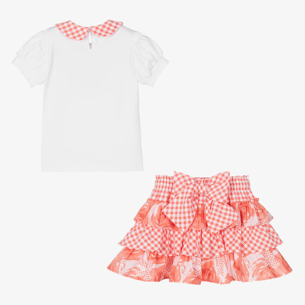 آدي-طقم تنورة مزيج قطن لون أبيض وزهري مرجاني | Childrensalon Outlet