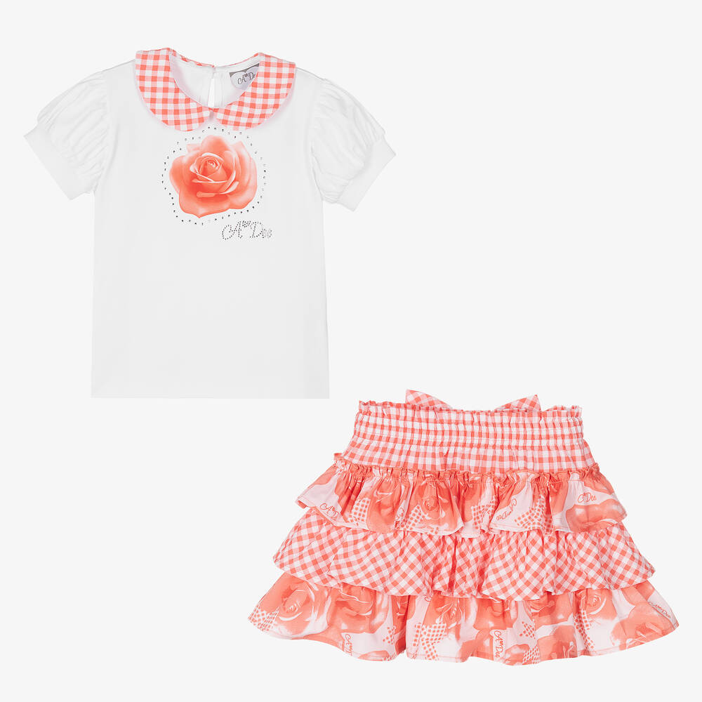 آدي-طقم تنورة مزيج قطن لون أبيض وزهري مرجاني | Childrensalon Outlet