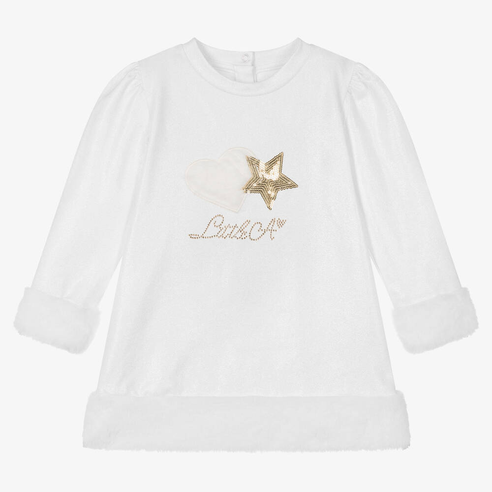 A Dee-Girls White Cotton & Faux Fur Trim Dress | Childrensalon Outlet