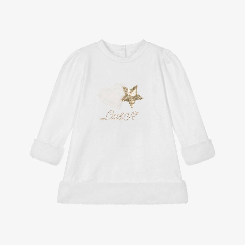 A Dee-Белое хлопковое платье с отделкой из искусственного меха | Childrensalon Outlet