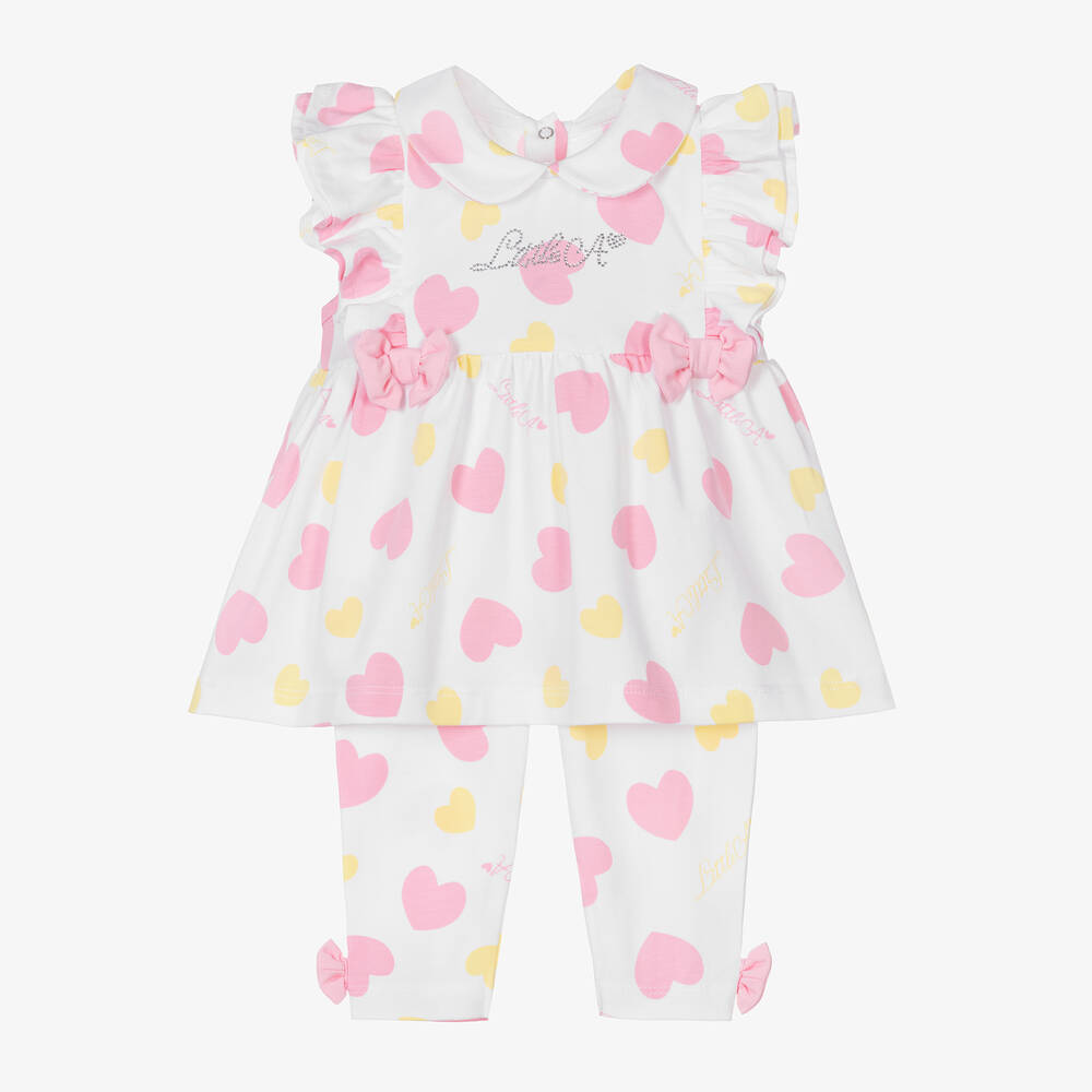 A Dee-Girls White Cotton Hearts Leggings Set | Childrensalon Outlet