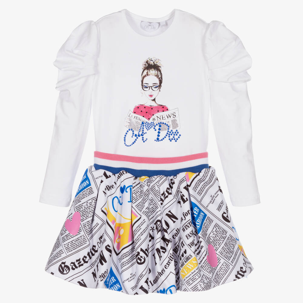 A Dee-Girls White Cotton Newspaper Print Skirt Set | Childrensalon Outlet