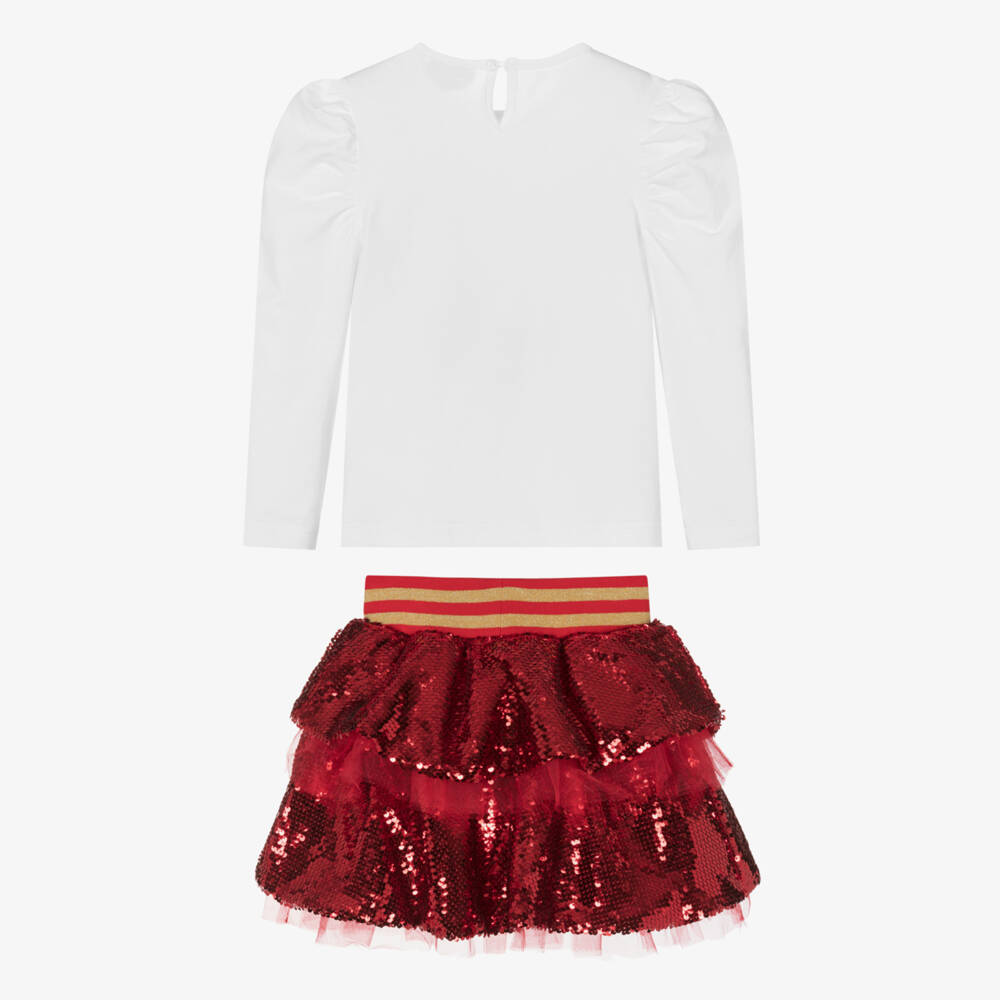 A Dee-Girls White Cotton & Red Sequin Skirt Set | Childrensalon Outlet