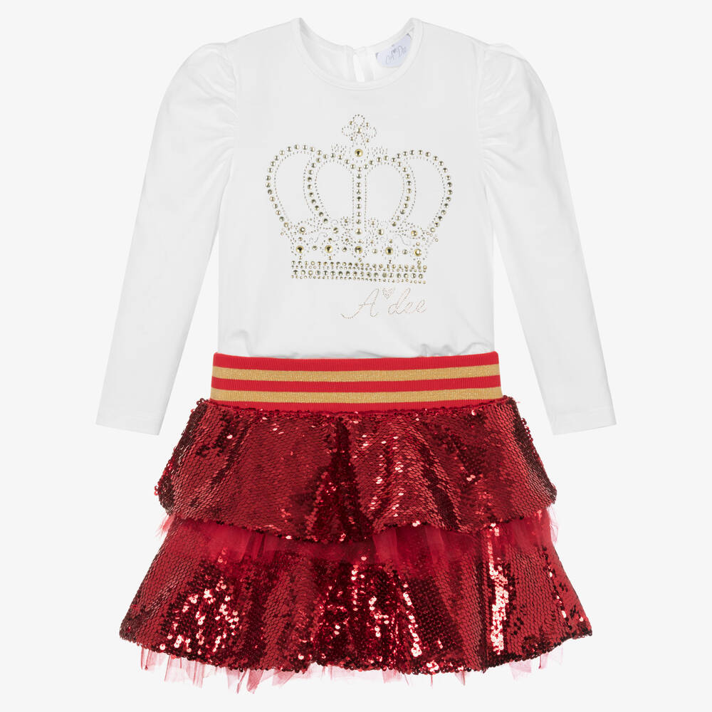 A Dee - Girls White Cotton & Red Sequin Skirt Set | Childrensalon