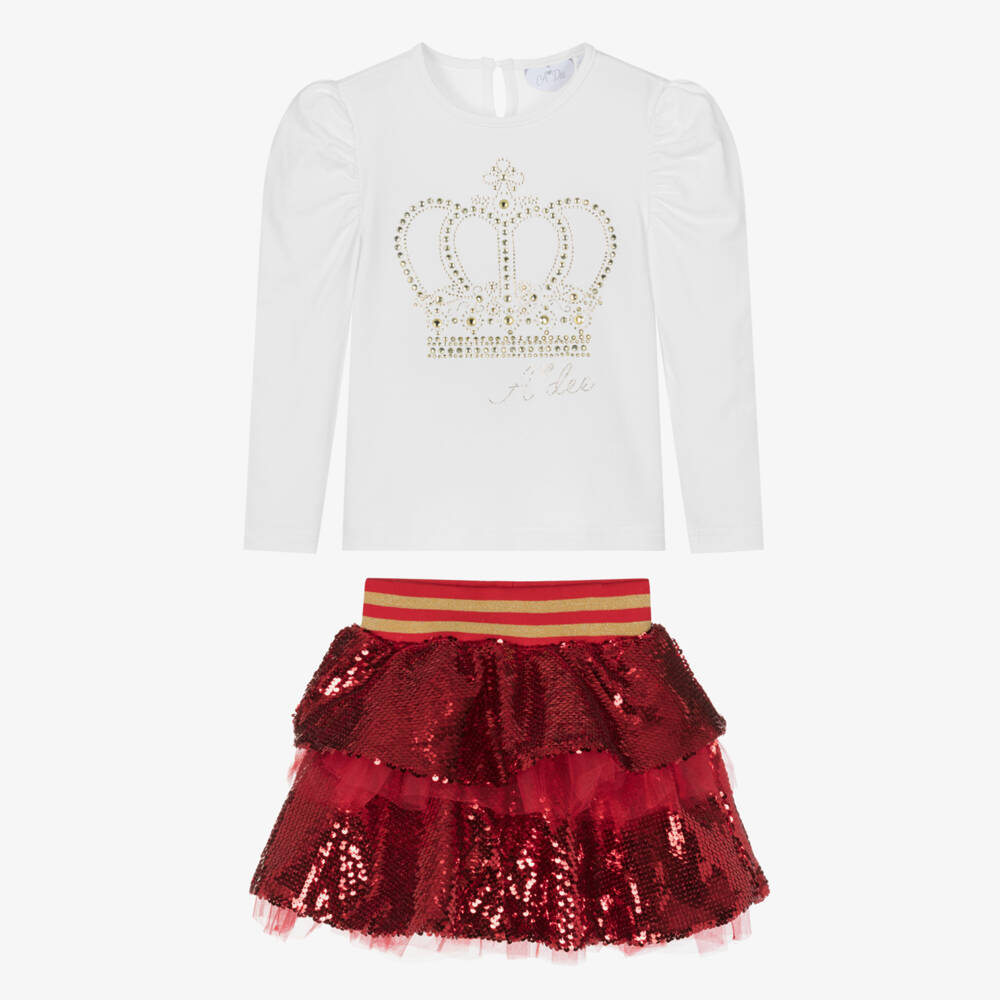 A Dee-Girls White Cotton & Red Sequin Skirt Set | Childrensalon Outlet