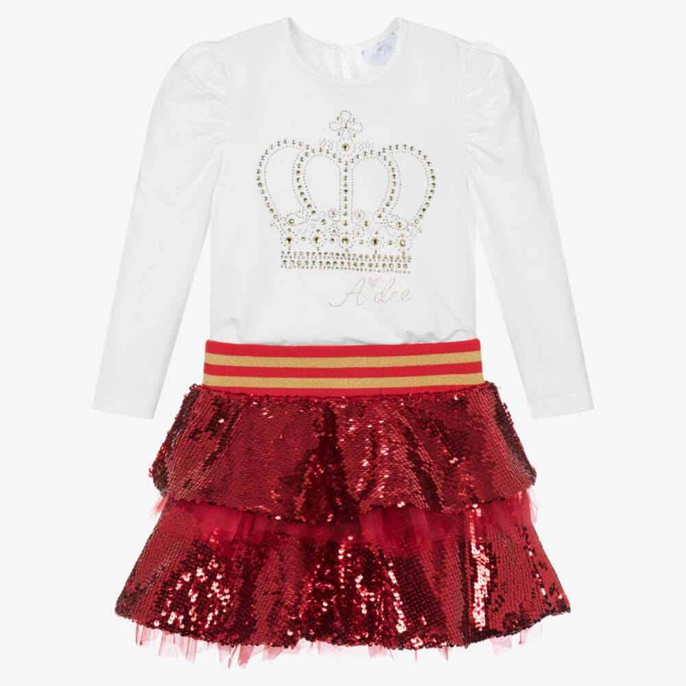 A Dee-Белый топ с красной юбкой из хлопка с пайетками | Childrensalon Outlet