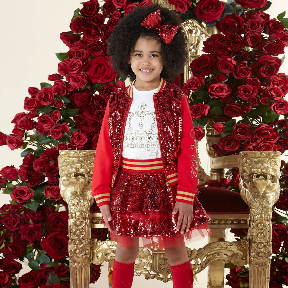 A Dee-Girls White Cotton & Red Sequin Skirt Set | Childrensalon Outlet