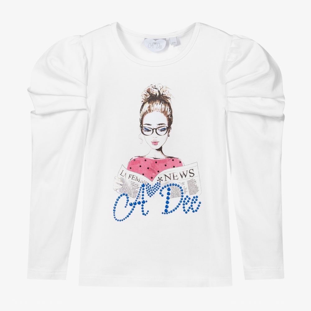 A Dee - Girls White Cotton T-Shirt | Childrensalon