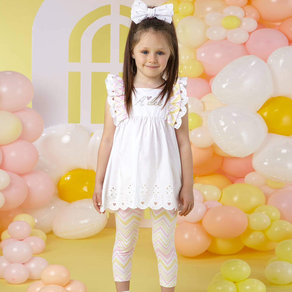 A Dee-Girls White Cotton Zigzag Leggings Set | Childrensalon Outlet