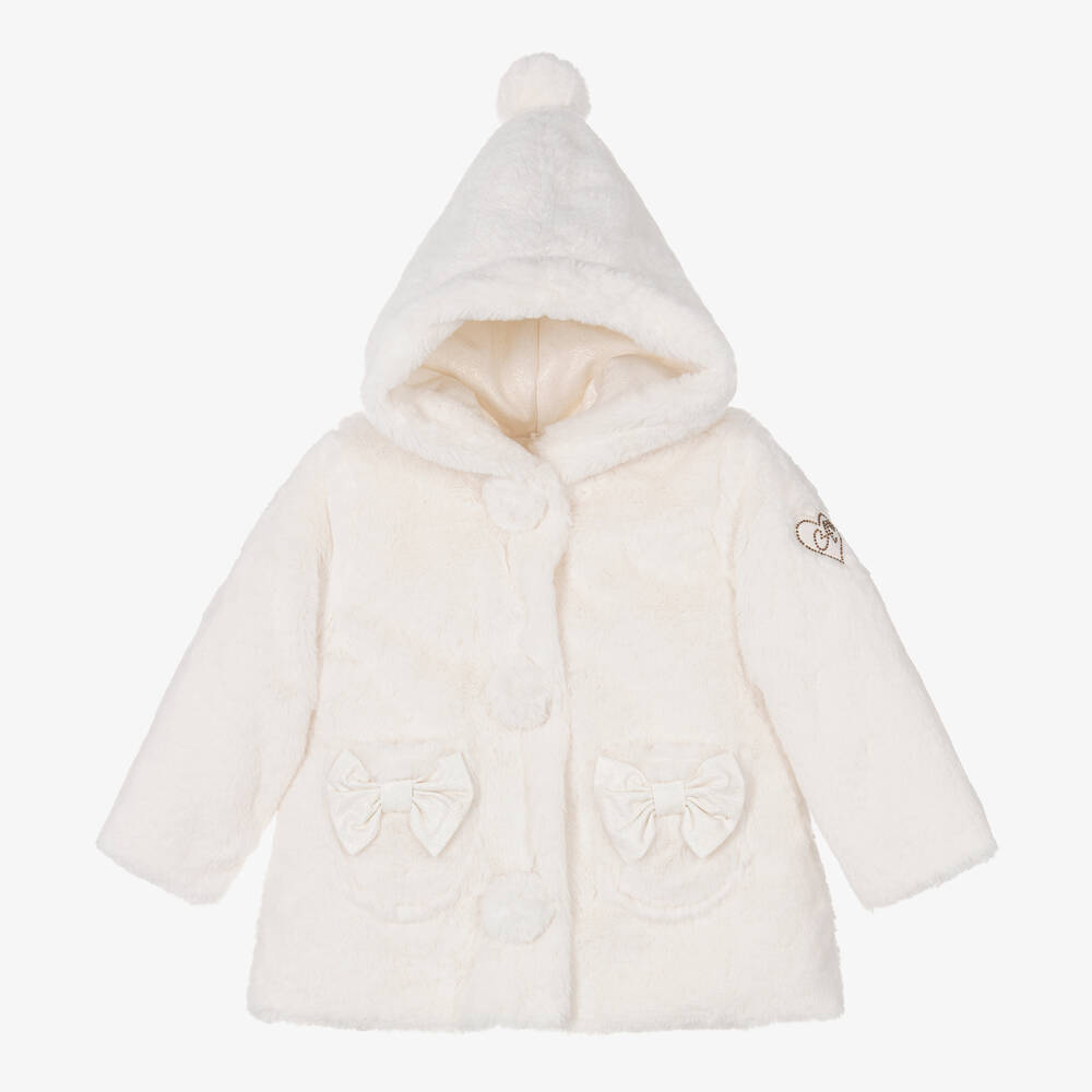 A Dee - Girls White Faux Fur Hooded Coat | Childrensalon