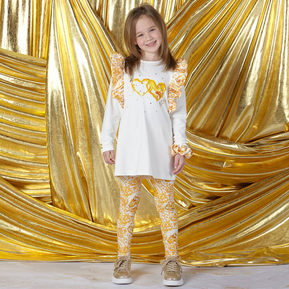A Dee-طقم ليقنز قطن جيرسي لون ذهبي وأبيض للبنات | Childrensalon Outlet