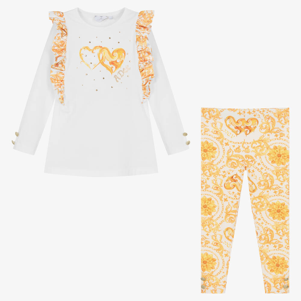 A Dee-طقم ليقنز قطن جيرسي لون ذهبي وأبيض للبنات | Childrensalon Outlet