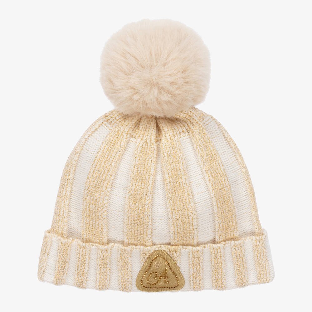 A Dee - Girls White & Gold Stripe Knit Hat | Childrensalon