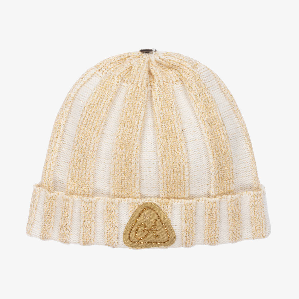A Dee-Girls White & Gold Stripe Knit Hat | Childrensalon Outlet