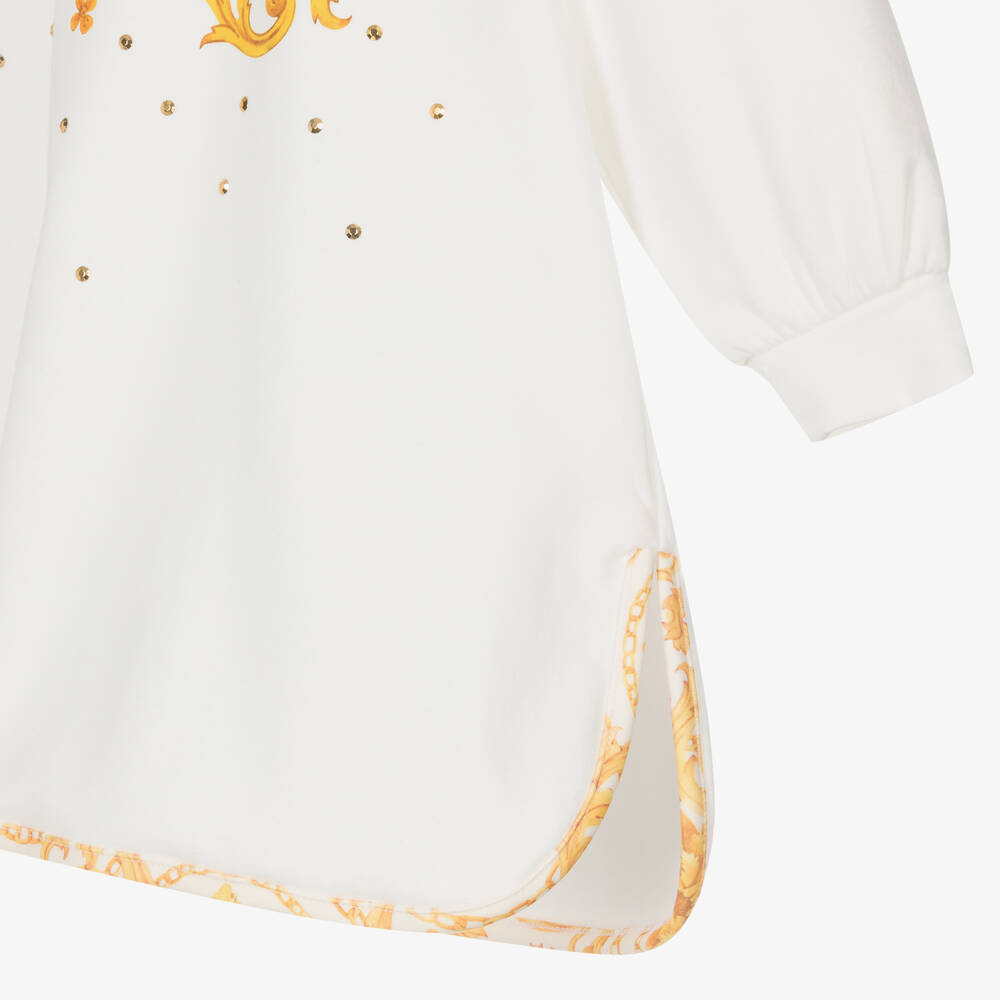 آدي-فستان سويتشيرت قطن جيرسي لون أبيض وذهبي | Childrensalon Outlet