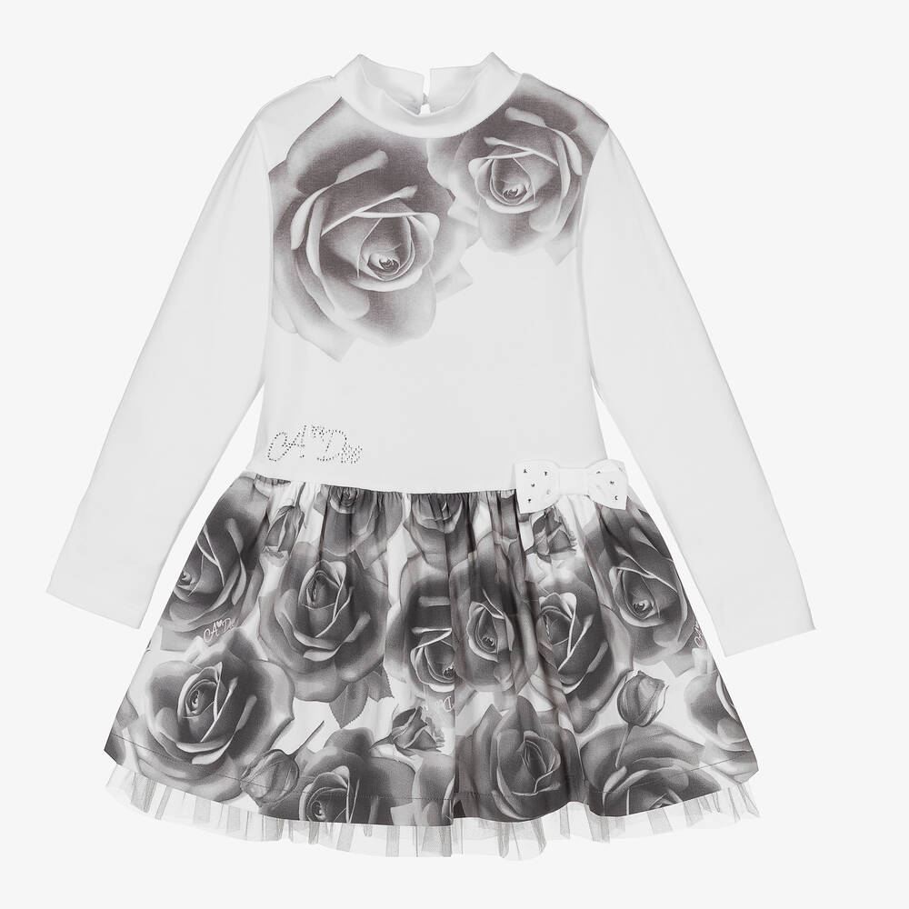 A Dee - Girls White & Grey Rose Dress | Childrensalon