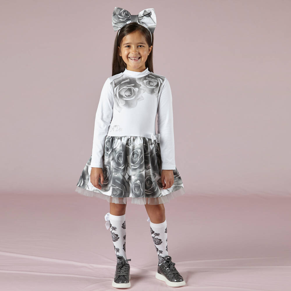 A Dee-Белое платье с серыми розами для девочек | Childrensalon Outlet