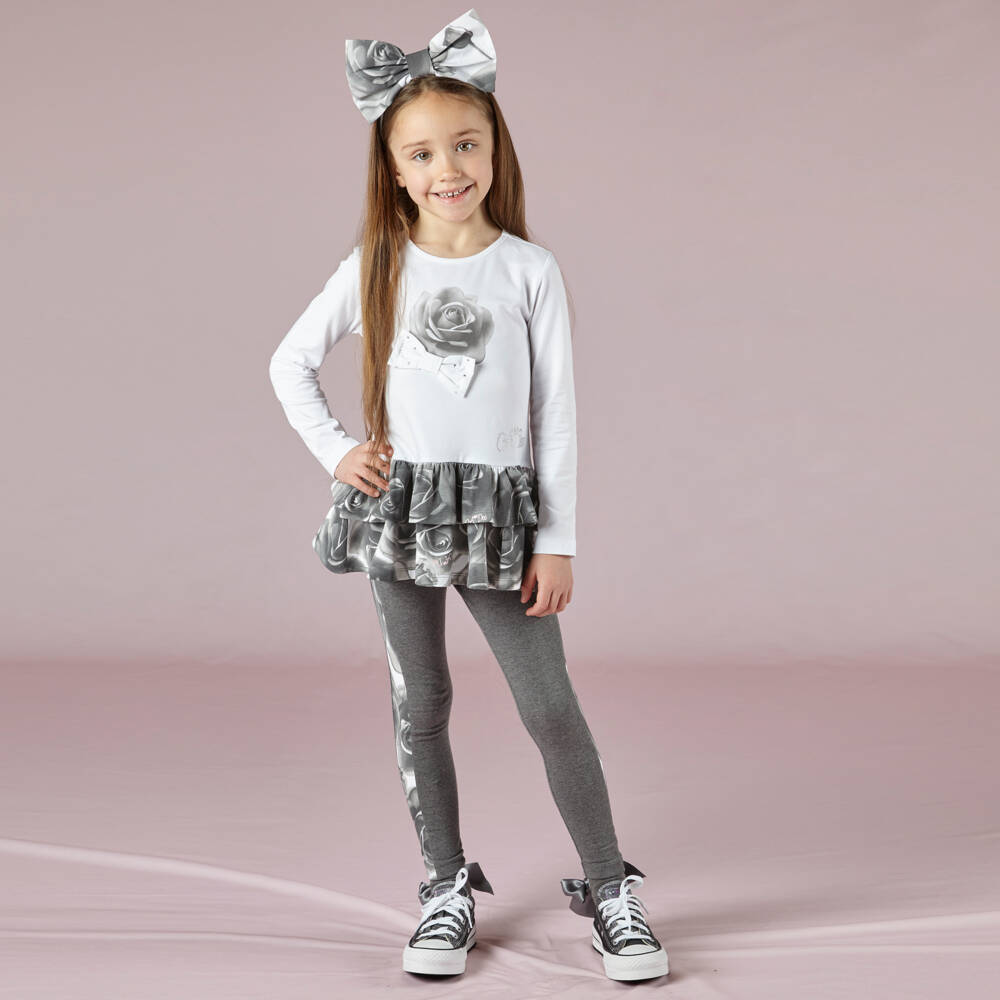 A Dee-Белый топ с серыми розами и легинсы | Childrensalon Outlet