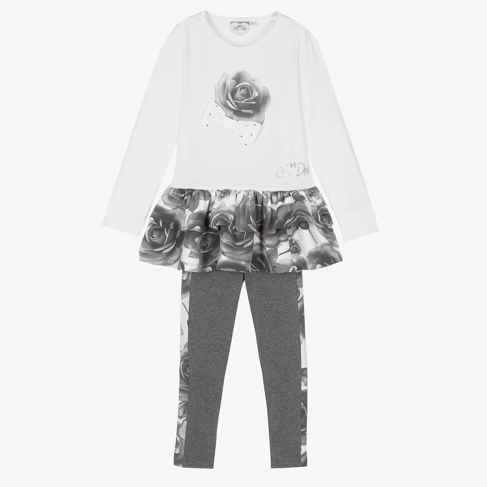 A Dee-Girls White & Grey Rose Leggings Set | Childrensalon Outlet