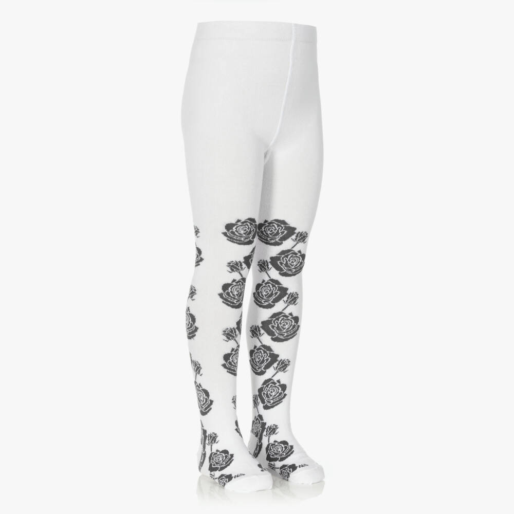 A Dee-Girls White & Grey Rose Tights | Childrensalon Outlet