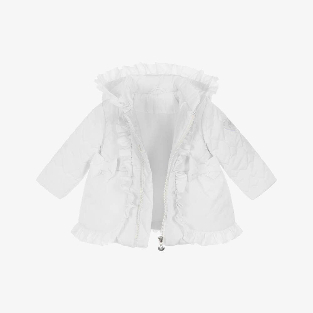 A Dee-Girls White Hooded Puffer Coat with Ruffles & Hearts | Childrensalon Outlet