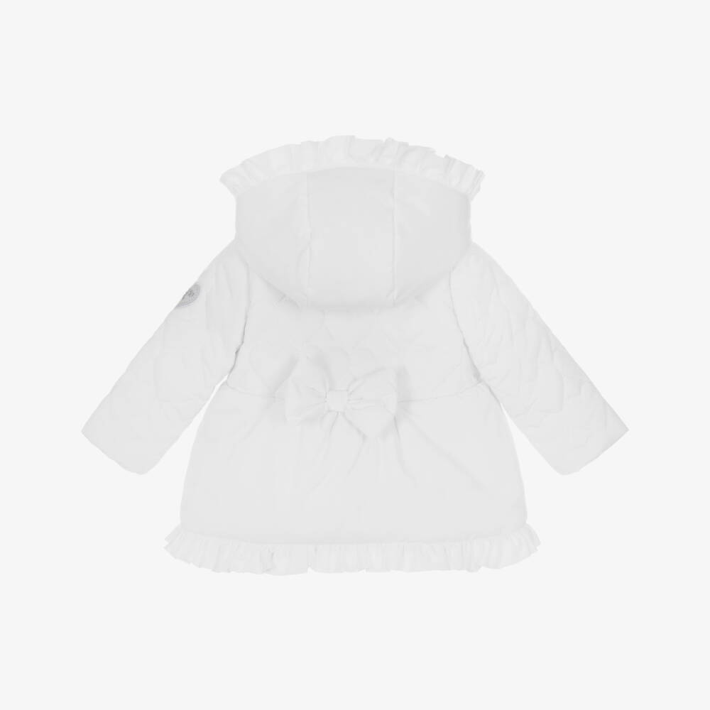 A Dee-Girls White Hooded Puffer Coat with Ruffles & Hearts | Childrensalon Outlet
