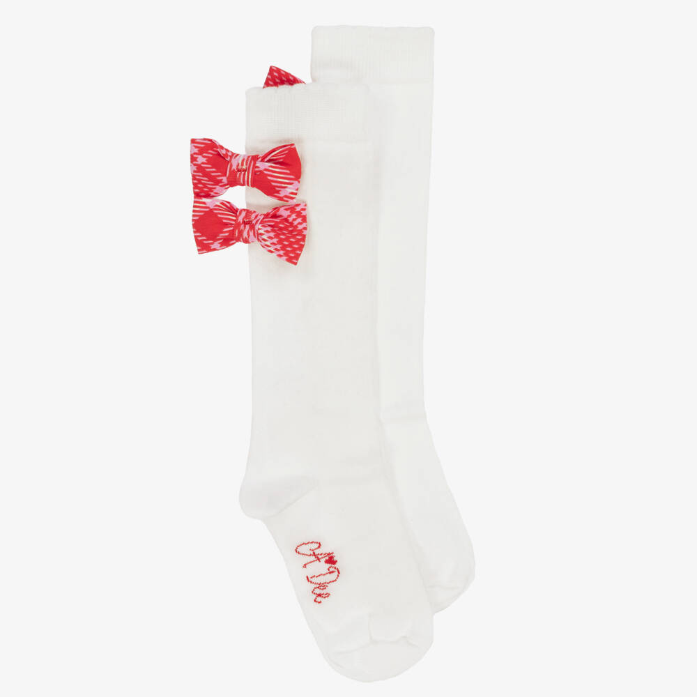 A Dee-Girls White Knee Length Socks with Red Tartan Bows | Childrensalon Outlet
