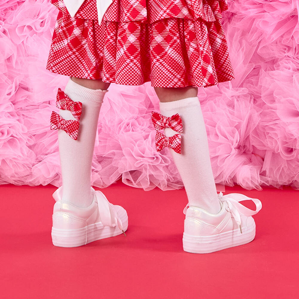 A Dee-Girls White Knee Length Socks with Red Tartan Bows | Childrensalon Outlet