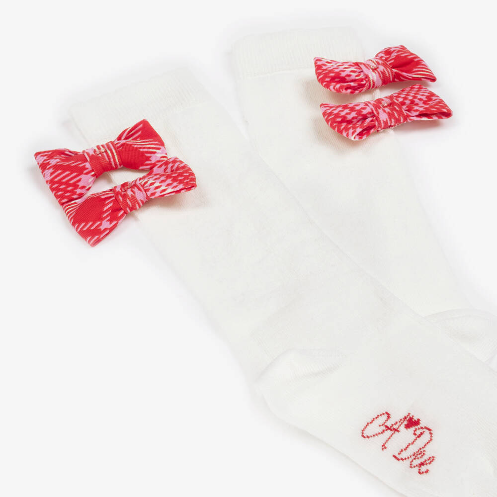 A Dee-Girls White Knee Length Socks with Red Tartan Bows | Childrensalon Outlet