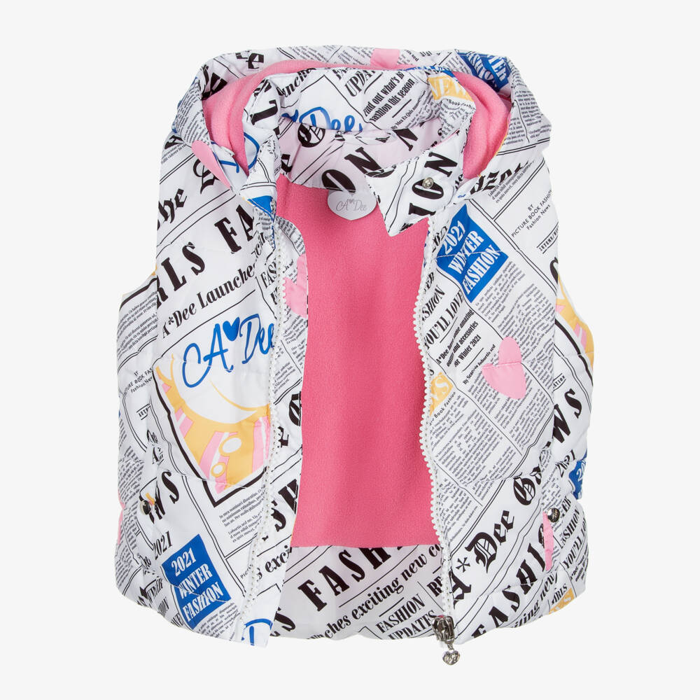 A Dee-Girls White Newspaper Print Puffer Gilet | Childrensalon Outlet