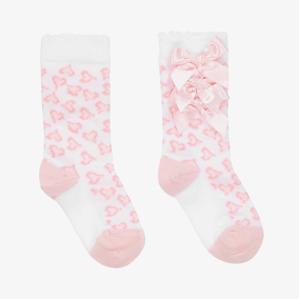 A Dee - Girls White & Pink Heart Bow Socks | Childrensalon