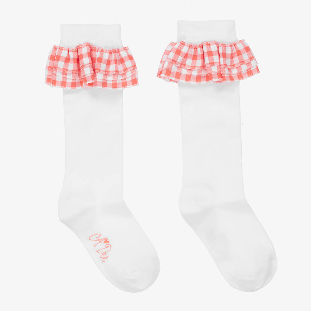 A Dee - Girls White & Pink Knee High Socks | Childrensalon