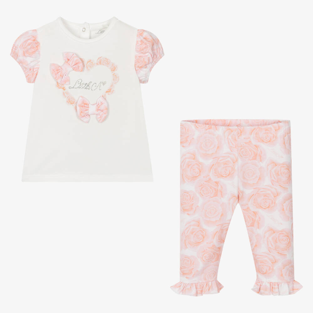 A Dee-طقم ليقنز قطن لون زهري وأبيض | Childrensalon Outlet