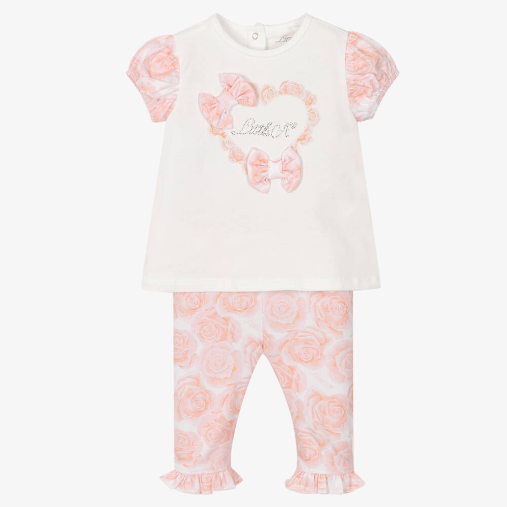 A Dee-Girls White & Pink Roses Leggings Set | Childrensalon Outlet