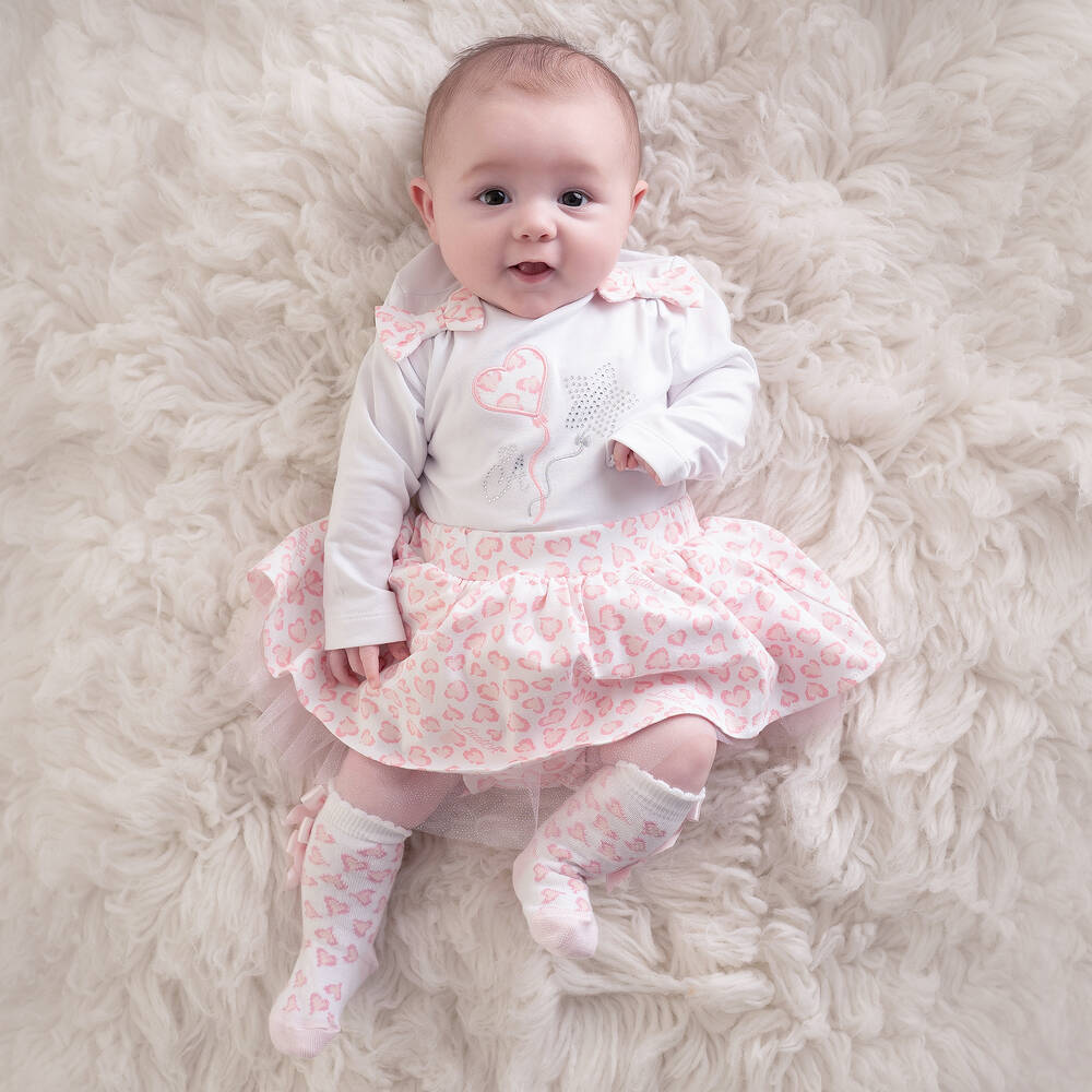 آدي-طقم تنورة قطن جيرسي لون أبيض وزهري | Childrensalon Outlet