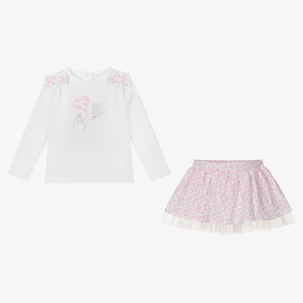 آدي-طقم تنورة قطن جيرسي لون أبيض وزهري | Childrensalon Outlet