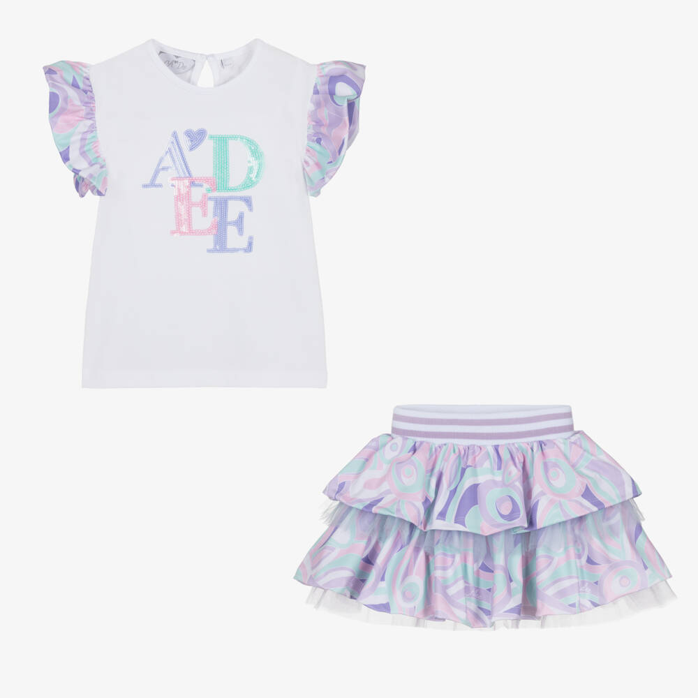 A Dee-طقم تنورة قطن لون أبيض وبنفسجي | Childrensalon Outlet