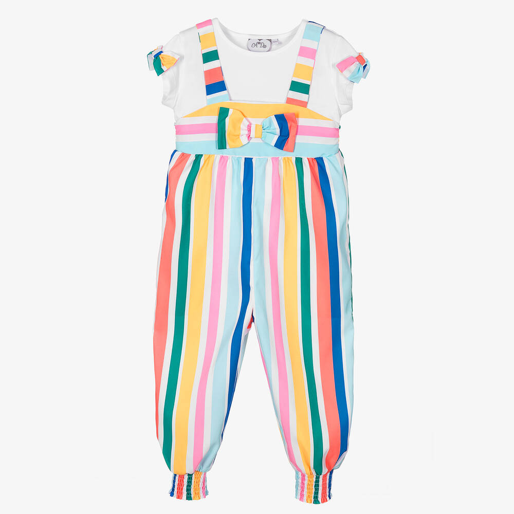 A Dee - Girls White Rainbow Stripe Dungaree Set  | Childrensalon