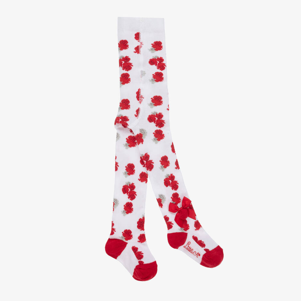 A Dee - Girls White & Red Flower Tights | Childrensalon